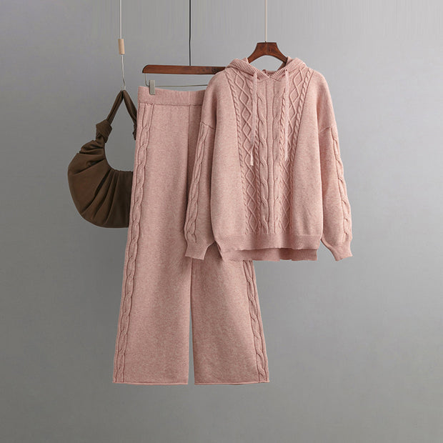 Drawstring hooded sweater + wide-leg trousers two-piece set