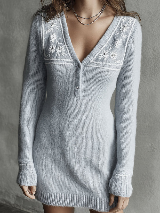 Bohemian Soft Winter Frost Bloom Embroidery Knit Mini Dress