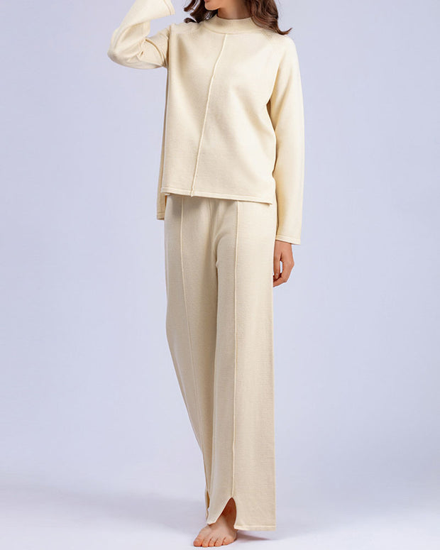 Solid color slit sweater wide-leg trousers two-piece set