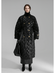 Quilted Lambskin Down Coat for Women – Elegant Mid-Length Slim Fit Jacket with Waist Design, White Duck Down Winter Outerwear