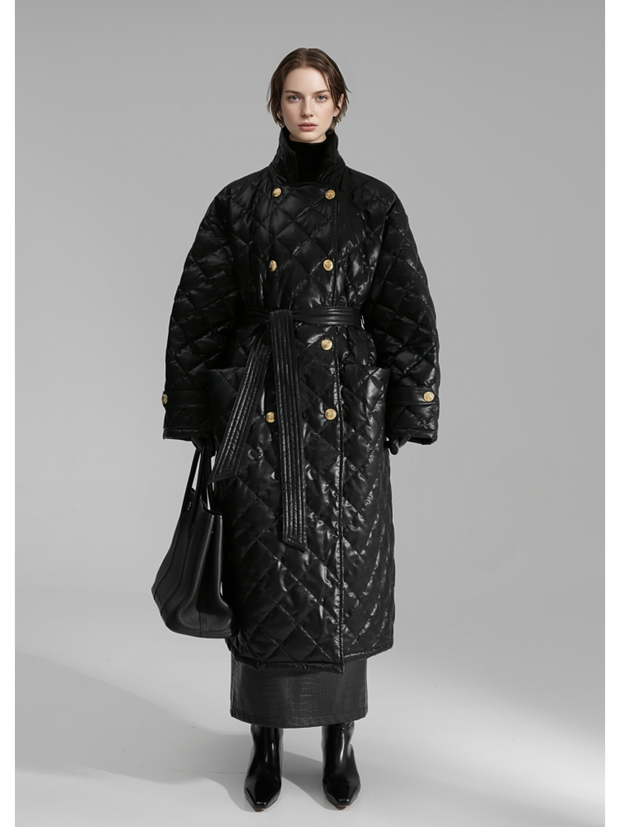 Quilted Lambskin Down Coat for Women – Elegant Mid-Length Slim Fit Jacket with Waist Design, White Duck Down Winter Outerwear