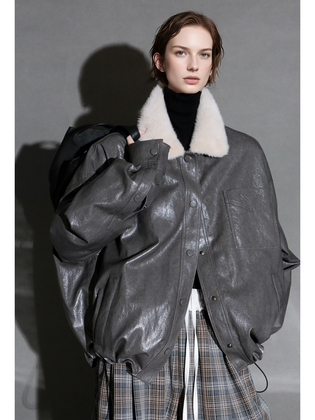 Luxury Sheepskin Down Jacket – Short Oil-Wax Leather Coat with Mink Fur Collar & Goose Down Fill, Winter Outerwear