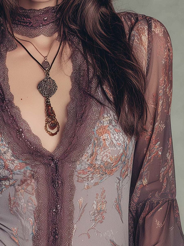 Bohemian Retro Lace Neck sheer Shirt