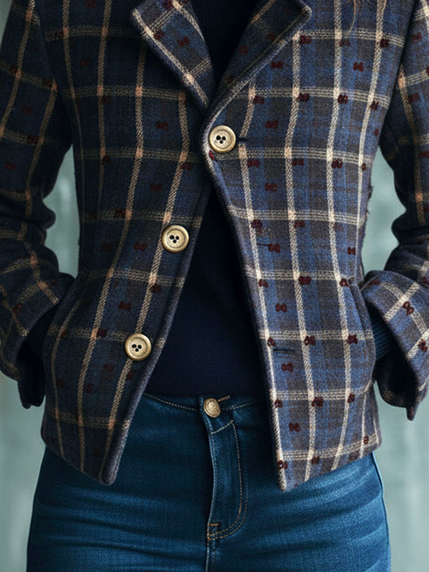 Vintage Plaid Pattern Wool & Velvet Flocked Bow Jacket