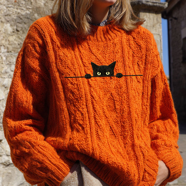 Women's Casual Funny Black Cat Print Sweater
