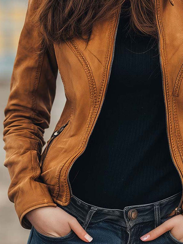 Women's Vintage Caramel Brown Fitted Moto Leather Jacket