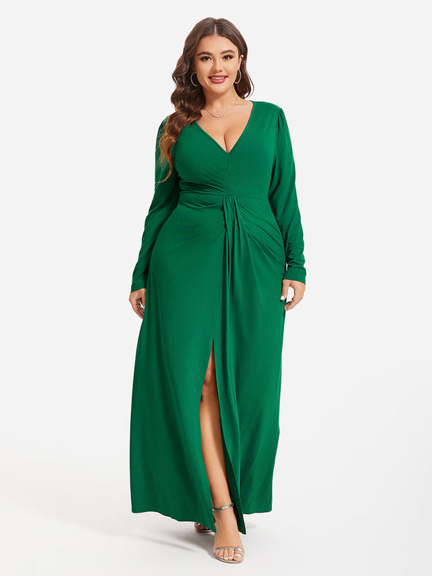 V-Neck Ruched Split Thigh Party Maxi Dress