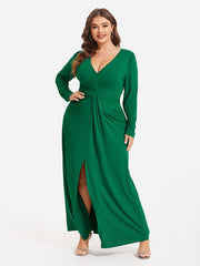 V-Neck Ruched Split Thigh Party Maxi Dress