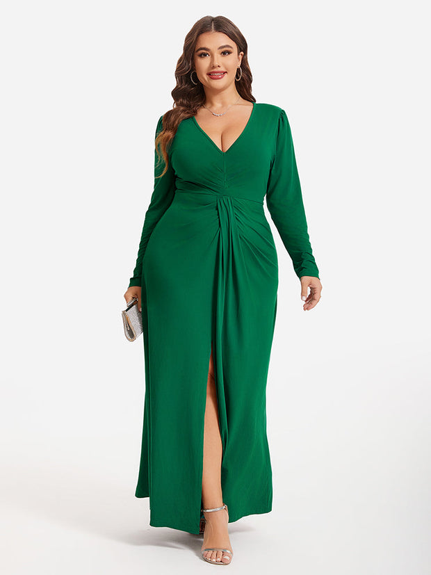 V-Neck Ruched Split Thigh Party Maxi Dress