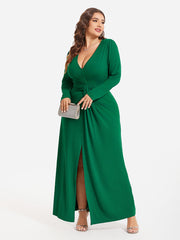 V-Neck Ruched Split Thigh Party Maxi Dress