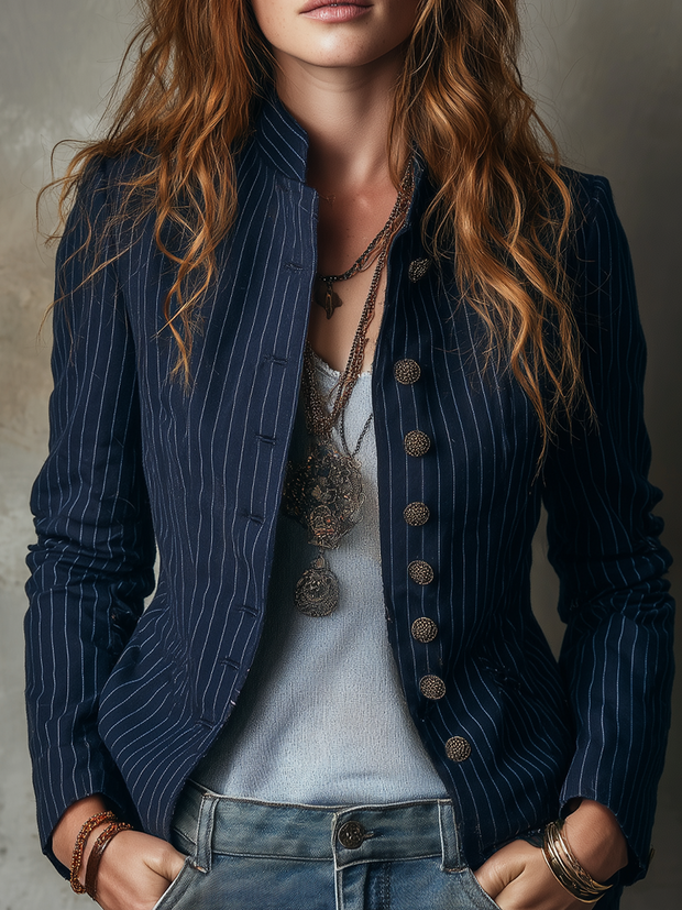 Retro Stand Collar Striped Long Sleeve Jacket