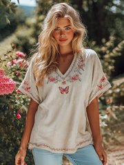 Women's Cozy Pink Floral Butterfly Embroidery Short Sleeve Linen Blend T-shirt