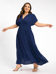 V-Neck Batwing Sleeve Pocket Ruched Waist Maxi Dress