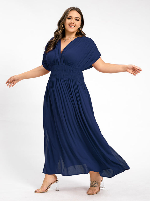 V-Neck Batwing Sleeve Pocket Ruched Waist Maxi Dress