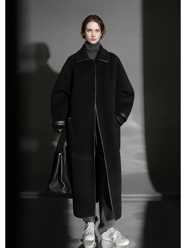 Chain Pattern Wool Coat for Women – Double-Faced Alpaca Wool Overcoat with Leather Trim, Chic Oversized Silhouette Winter Outerwear