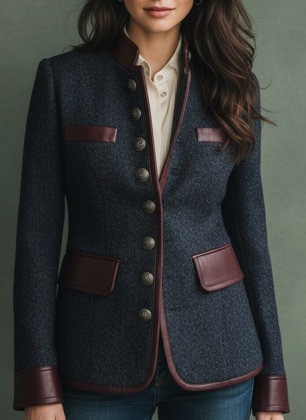 Navy Tweed Military-Style Jacket with Faux Leather Trim