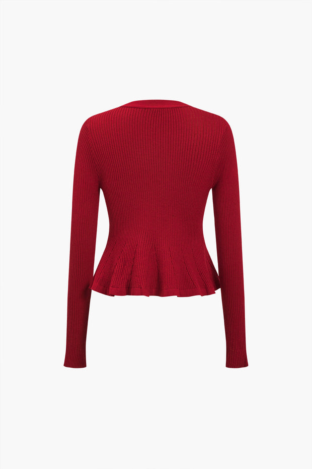 Solid Knit Button Ruffled Long-Sleeve Top