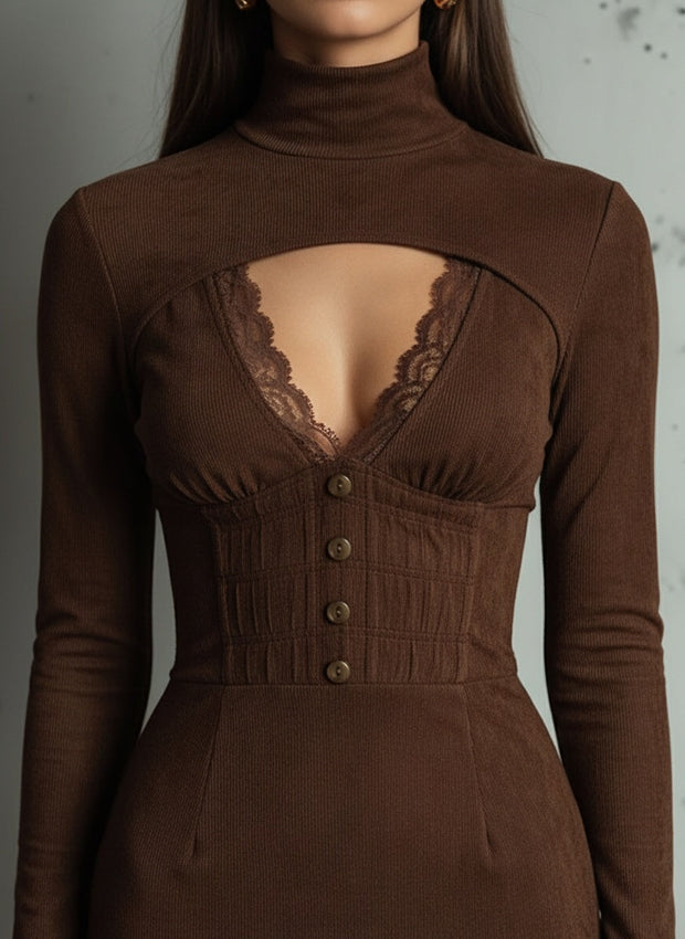 Brown Ribbed Knit Cut-Out Midi Dress