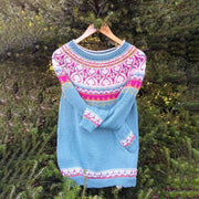 Unisex Vintage Icelandic Light Blue Knit Jacquard Warmth Crew Neck Sweater