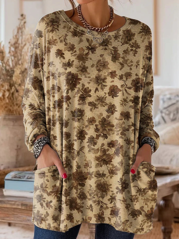 Women's Retro Floral Art Print Casual Long Sleeve Round Neck Cotton T-Shirt