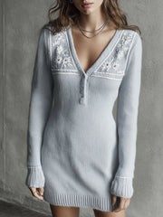Bohemian Soft Winter Frost Bloom Embroidery Knit Mini Dress