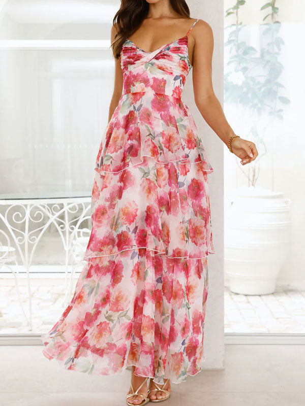 V neck floral tiered maxi dress