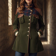 Forest Green Military-Inspired Coat with Plaid and Leather Accents