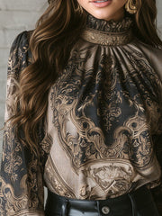 Vintage Baroque High Neck Black & Gold Puff Sleeve Blouse