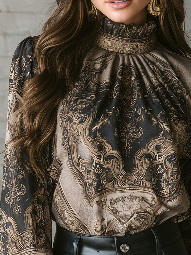Vintage Baroque High Neck Black & Gold Puff Sleeve Blouse