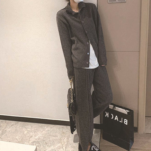 Gentle Wind Knitted Cardigan Sweater Loose Slit Trousers Two-piece Set