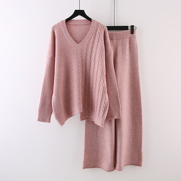 Irregular sweater knitted wide-leg pants two-piece set