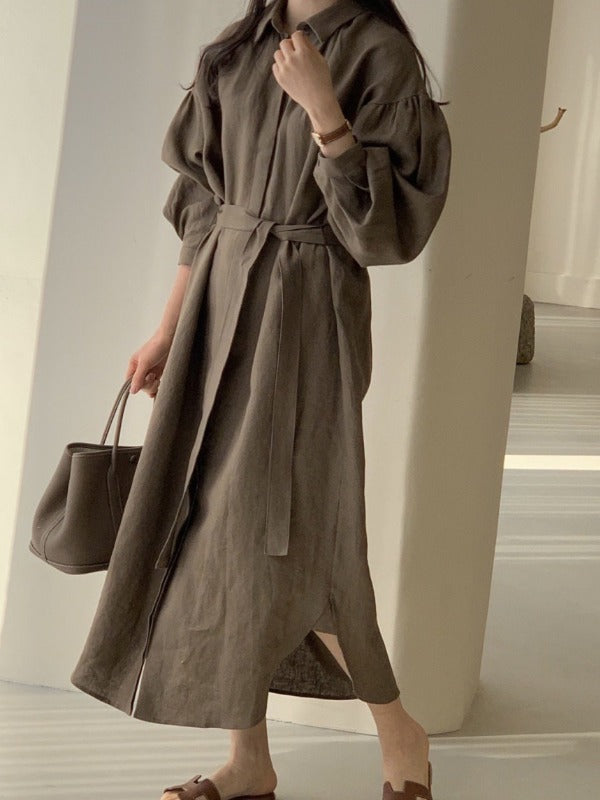 Lantern Long Sleeved Solid Color Waist Shirt Maxi Dress