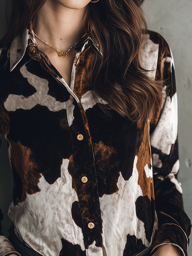 Luxe Texture Velvet Cow Print Button-Up Shirt