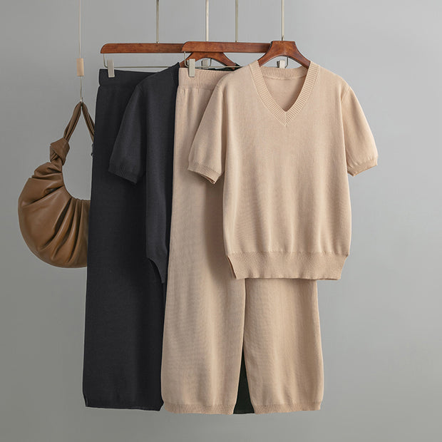 V-neck loose slit sweater straight-leg trousers two-piece set