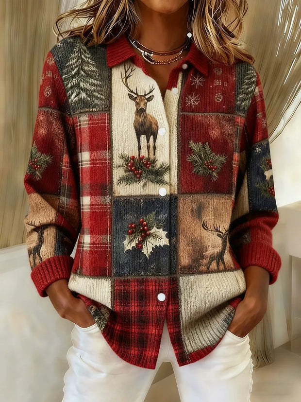 Women's Christmas Reindeer Art Print Knit Cardigan