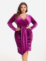 V-Neck Ruched Draped Velvet Dress