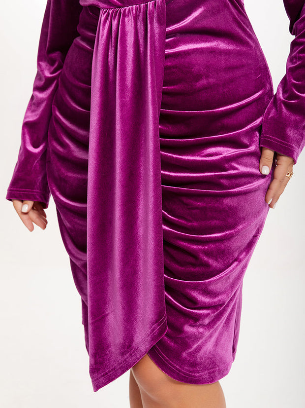 V-Neck Ruched Draped Velvet Dress