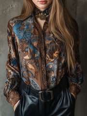 Vintage Baroque Print Brown & Blue Long Sleeve Blouse
