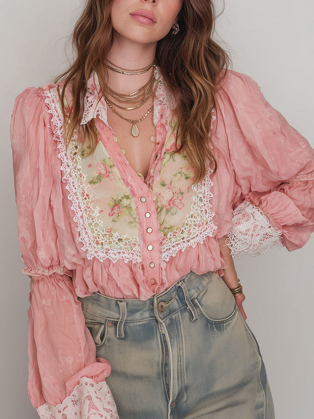 Retro Lace Trim Printed Chiffon Long Sleeve Blouse