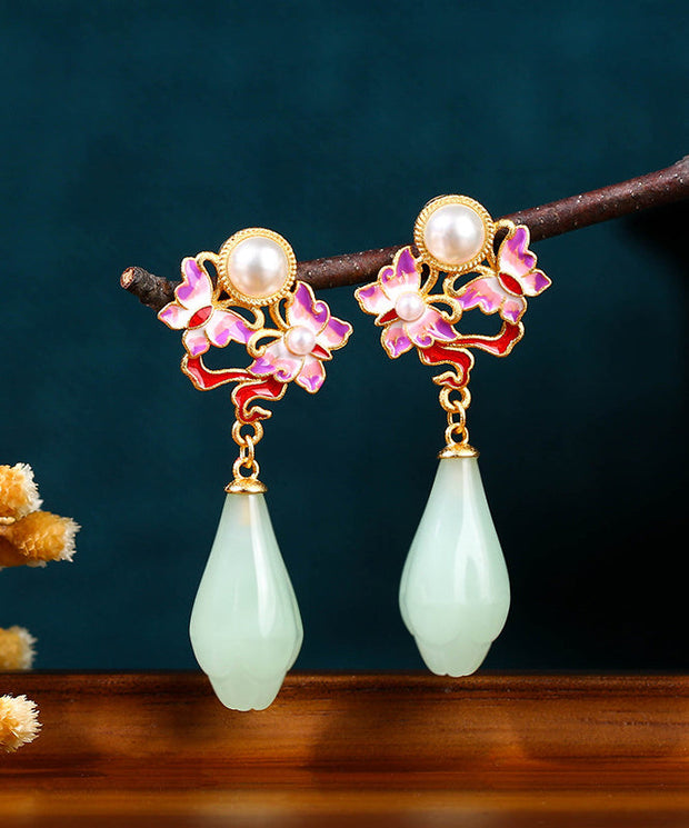 Fine Light Green Copper Overgild Pearl Jade Butterfly Floral Drop Earrings