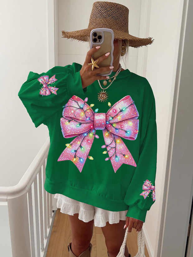 Women's Christmas Pink Bow Print Home Sweatshirt