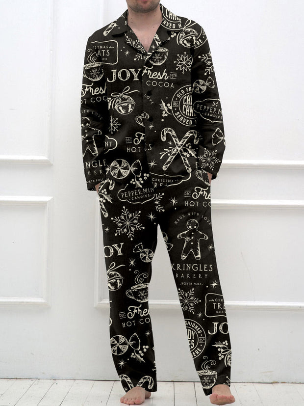 Men's Retro Christmas Print Long Sleeve Pants Pajama Set
