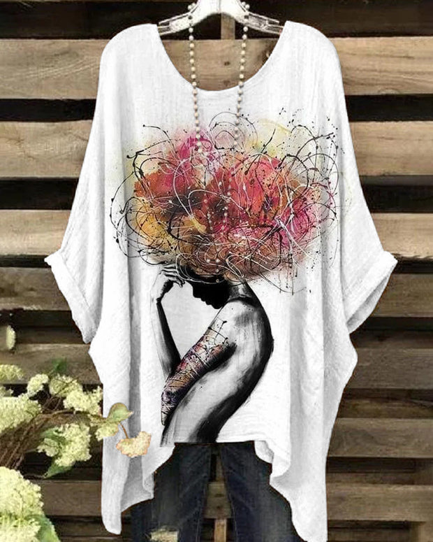 Round Neck Simple Afro Girl Painting Print Irregular Shirt