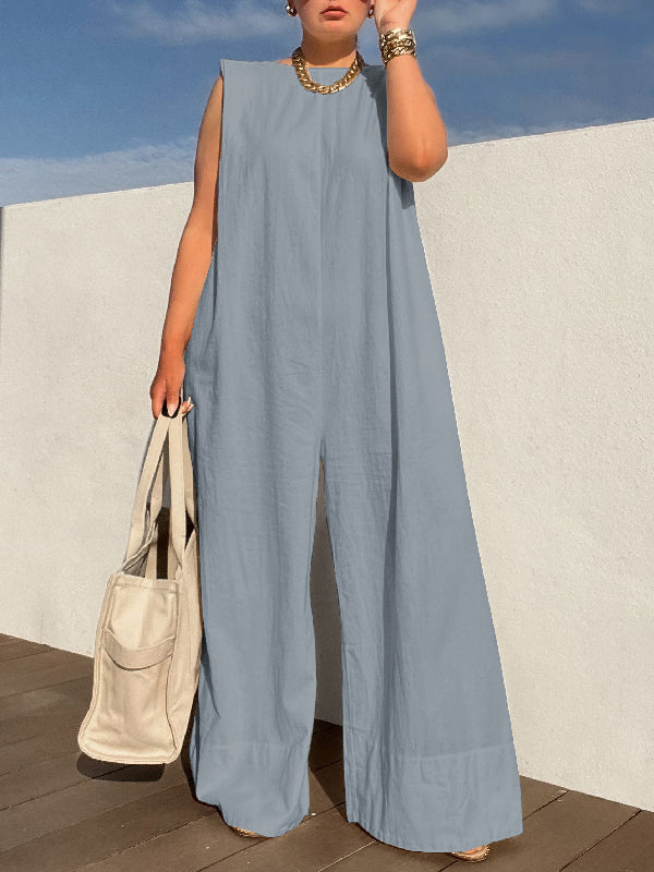 Sleeveless Wide Leg Shoulder Pad Solid Color Jumpsuits