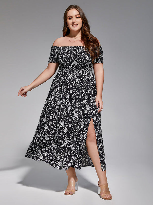 Plus Floral Off-Shoulder Split Midi Dress