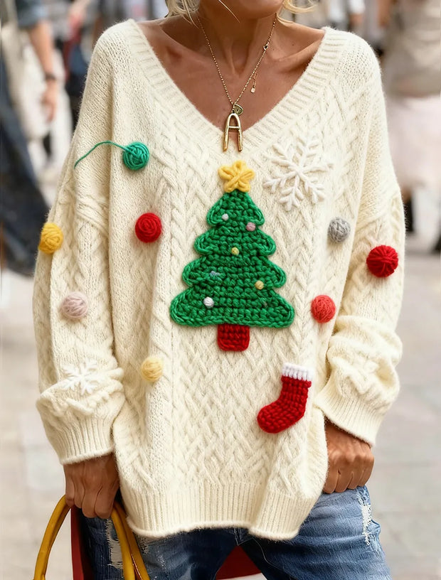 Women's Christmas Tree Art Pattern Print V-neck Knit Sweater