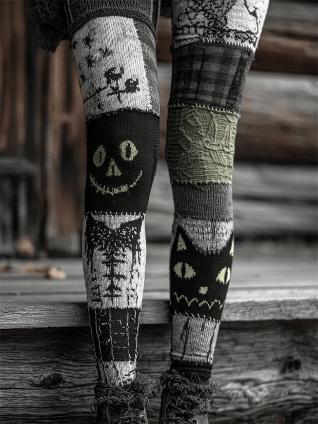Women's Retro Halloween Contrast Color Comfortable Knitted Print Leggings