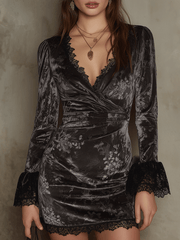 Velvet Wrap Lace Trim Mini Dress