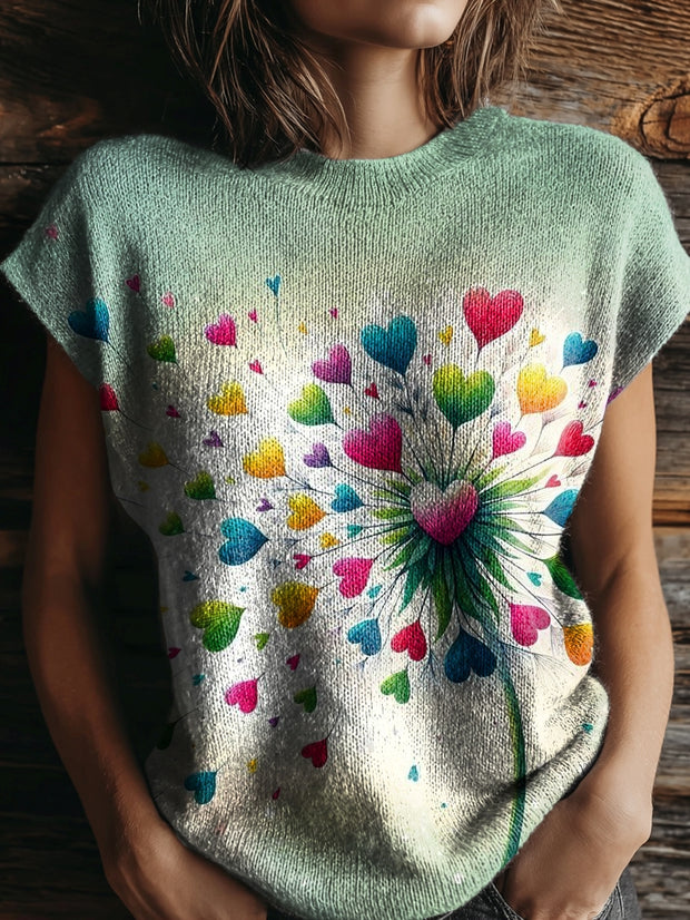 Women's Artistic Printed Round Neck Casual Short Sleeve Knitted Sweater with Dandelion Pattern