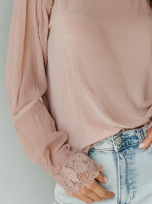 Retro Round Neck Lace Trim Long Sleeve Blouse